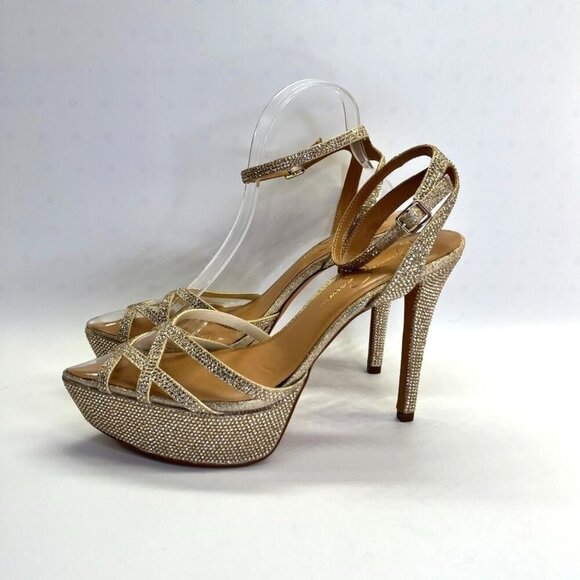 Jessica Simpson Oluina Platform Pump Size 9.5 Embellished Gold 5" Heel - Picture 3 of 16